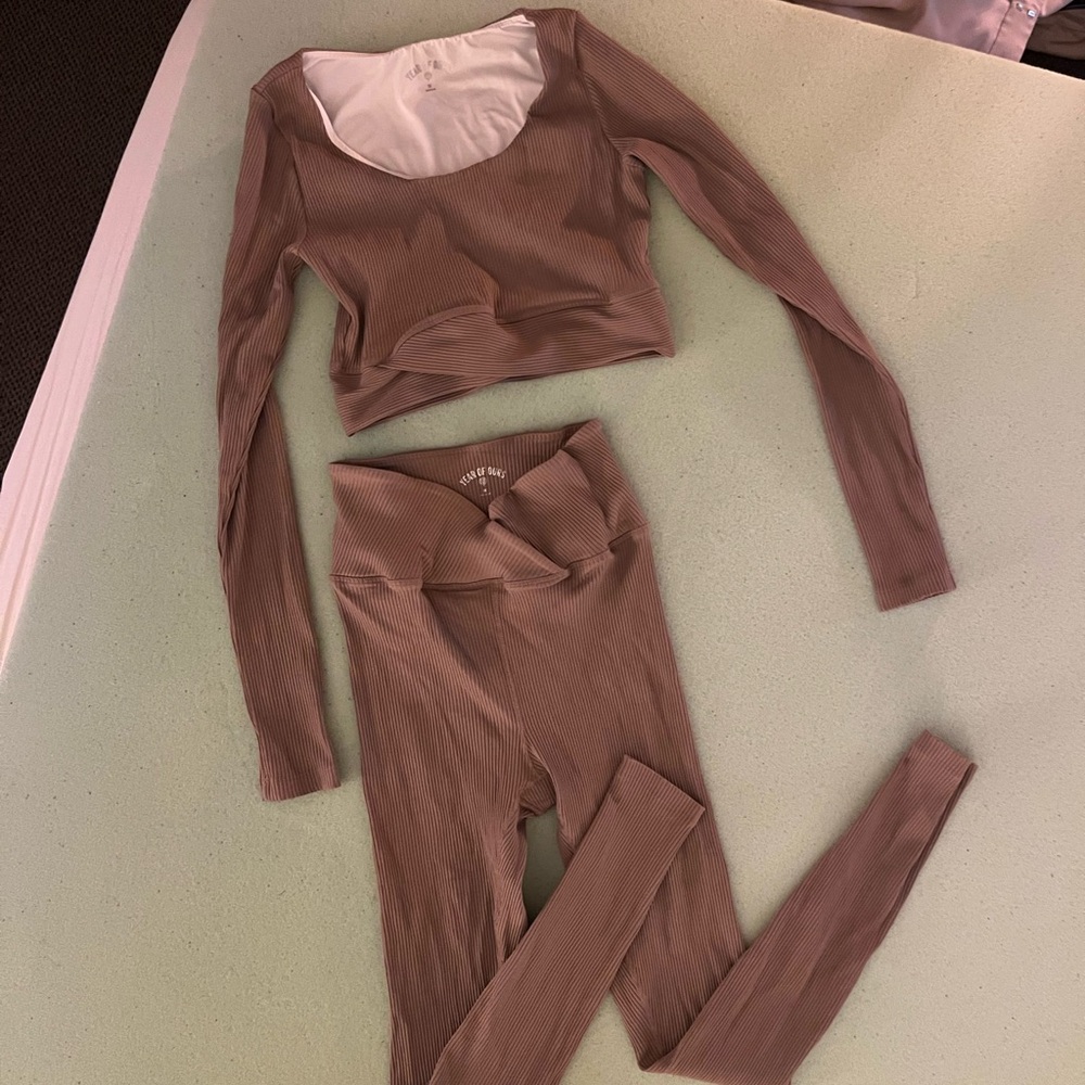 Year of Ours Ribbed Two-Piece Set in Mauve Brown